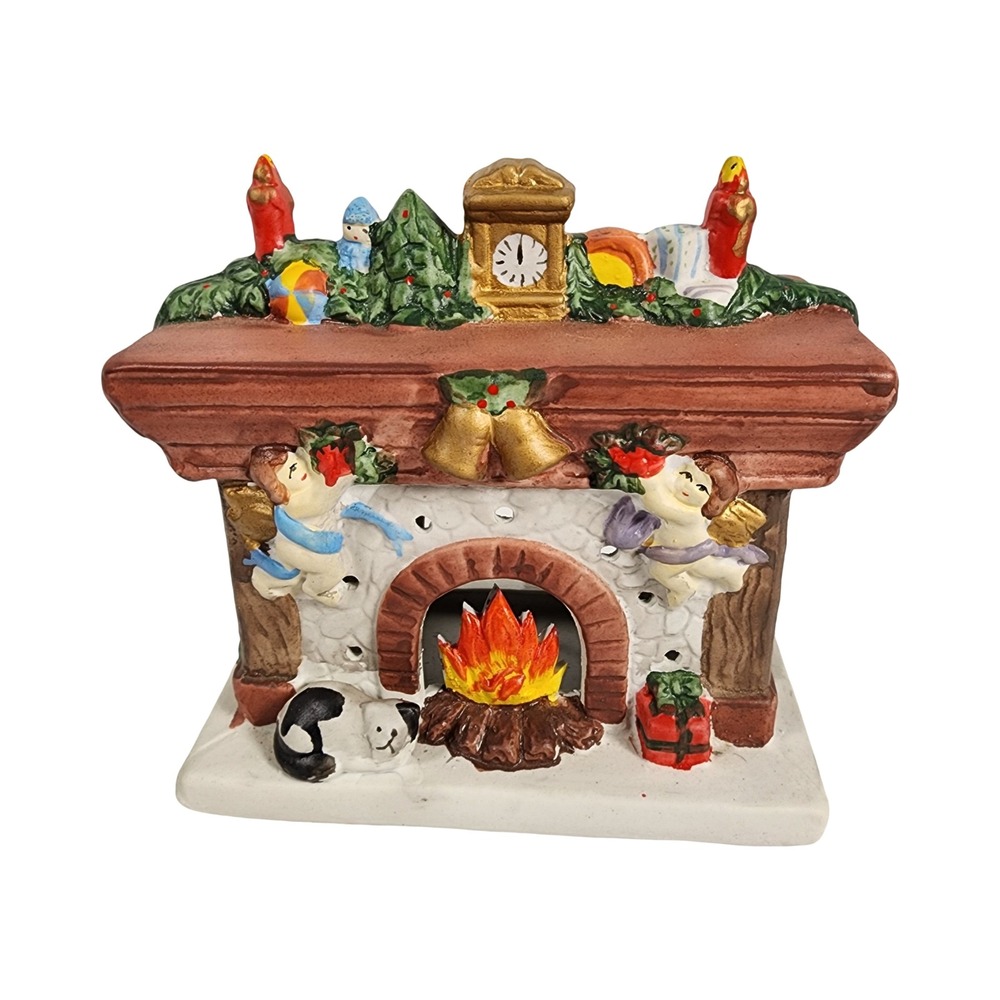 Vintage‎ Style Ceramic Christmas Fireplace Tea Light Candle Holder Cherubs Cat